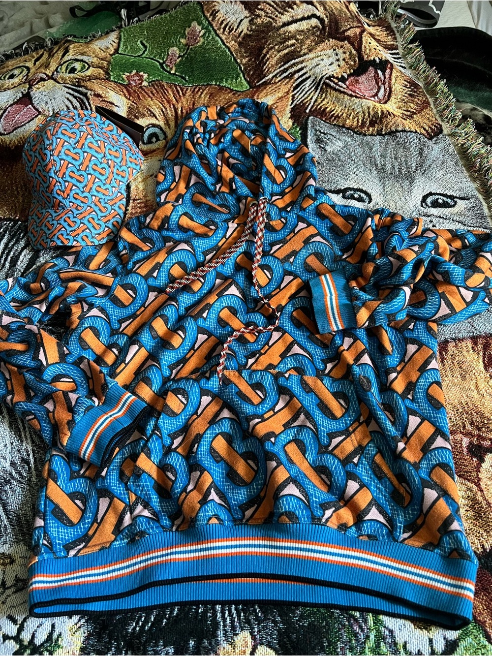 Burberry Multicolor Graphic Drawstring Hoodie in Blue & Orange